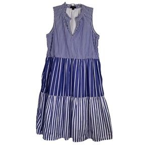 J. Crew Blue & White Striped Tiered Sleeveless Dress Sz M Ruffle Trim